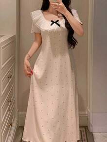 DAZY Polka Dot Print Ruffle Collar Bow Decor Women Short Sleeve Nightgown Pajama - Beige - View 4