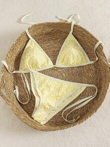 Swim Mod Spring 2026 Size Bikini Set, Halter Neck Triangle Top And Mid-Waist Bottom, Yellow Jacquard 2-Piece Swimsuit - Yellow - View 5