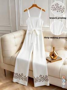 GlowEve CURVE Plus Size White,Summer,Elegant,Tea Party,Holiday French Countryside White Jumpsuit,Sleeveless Square Neck Pleated Top & Floral Wide Leg Pants Set - White - View 1