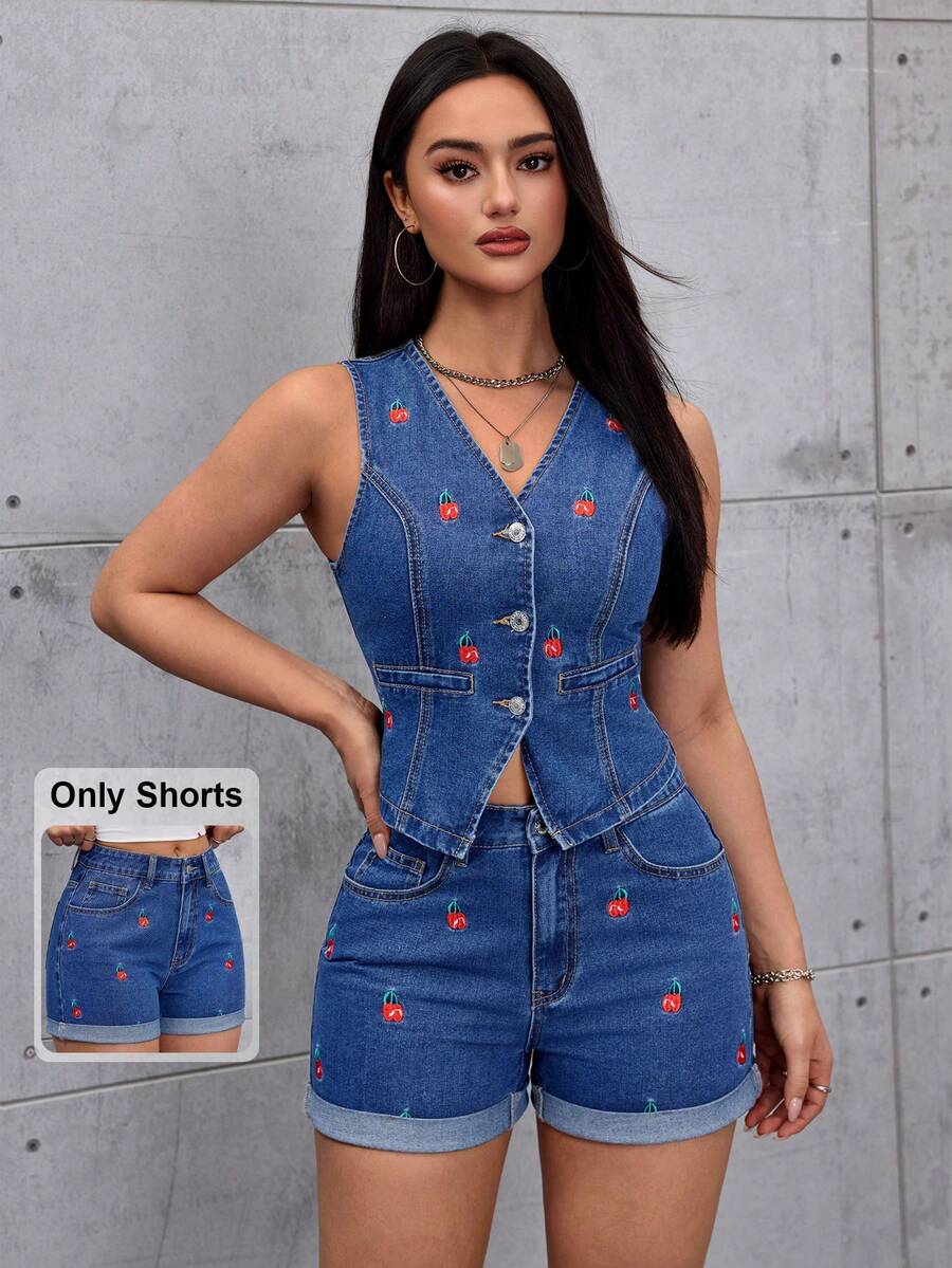 SHEIN ICON 女士水果刺绣可折叠下摆宽松牛仔短裤 - 中等水洗藍 - 查看 1