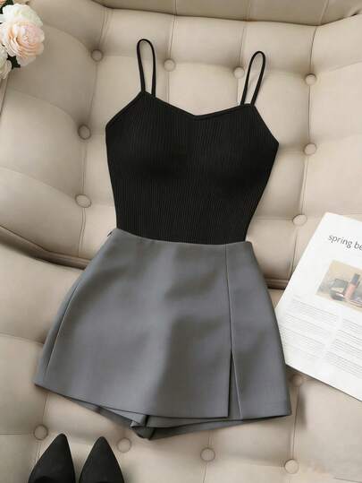 Franclia Bộ đồ nữ mùa hè thoải mái, năng động, thích hợp mặc hàng ngày/đi làm, gồm áo hai dây và chân váy dệt kim gân, gồm áo hai dây và quần.