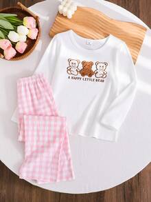 SHEIN Genkimix Kids 两件套女童睡衣套装，长袖上衣印有三只小熊图案，搭配粉色格子长裤，可爱休闲舒适的儿童家居服，萌熊图案也可外出穿着。 - 彩色 - 查看 10