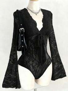 Franclia Bộ đồ liền thân gợi cảm và thời trang, ôm sát, cổ chữ V sâu, tay dài loe, viền ren, buộc dây phía trước, màu đỏ tía, thích hợp cho mùa Thu/Đông. - màu đen - Xem 1