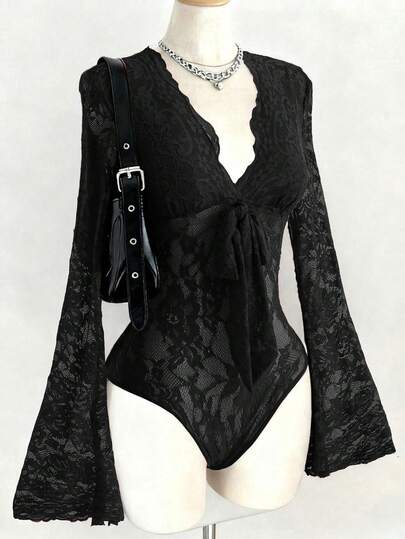 Franclia Sexy & Fashionable Tight-Fitting Deep V-Neck Long Flare Sleeve Lace Trim Front Tie Bodysuit, Burgundy, Autumn/Winter Black Lace Bodysuit Gothic Bodysuit