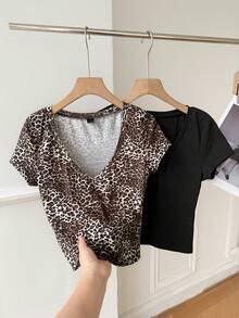 SHEIN EZwear Women's Casual Solid Color With Leopard Print T-Shirt, Summer - Multicolor - View 6