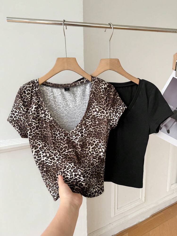 SHEIN EZwear 女士休闲纯色豹纹T恤，夏季 - 彩色 - 查看 6
