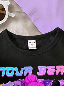 3件套少女休闲创意个性清新简约时尚虚拟少女团体五角星图案字母印花短袖T恤套装，黑色/粉色/紫色，舒适日常穿着，适合春夏穿着 - 彩色 - 查看 3