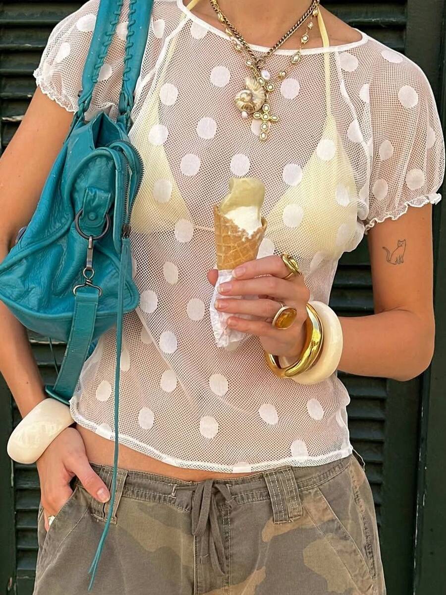 Easelle White Polka Dot Mesh Round Neck Short Sleeve Blouse For Women,Summer Trashy Y2K Boho Chic Top,Holiday Vacation Beach Music Festival Party Outfits - Army Green - View 1