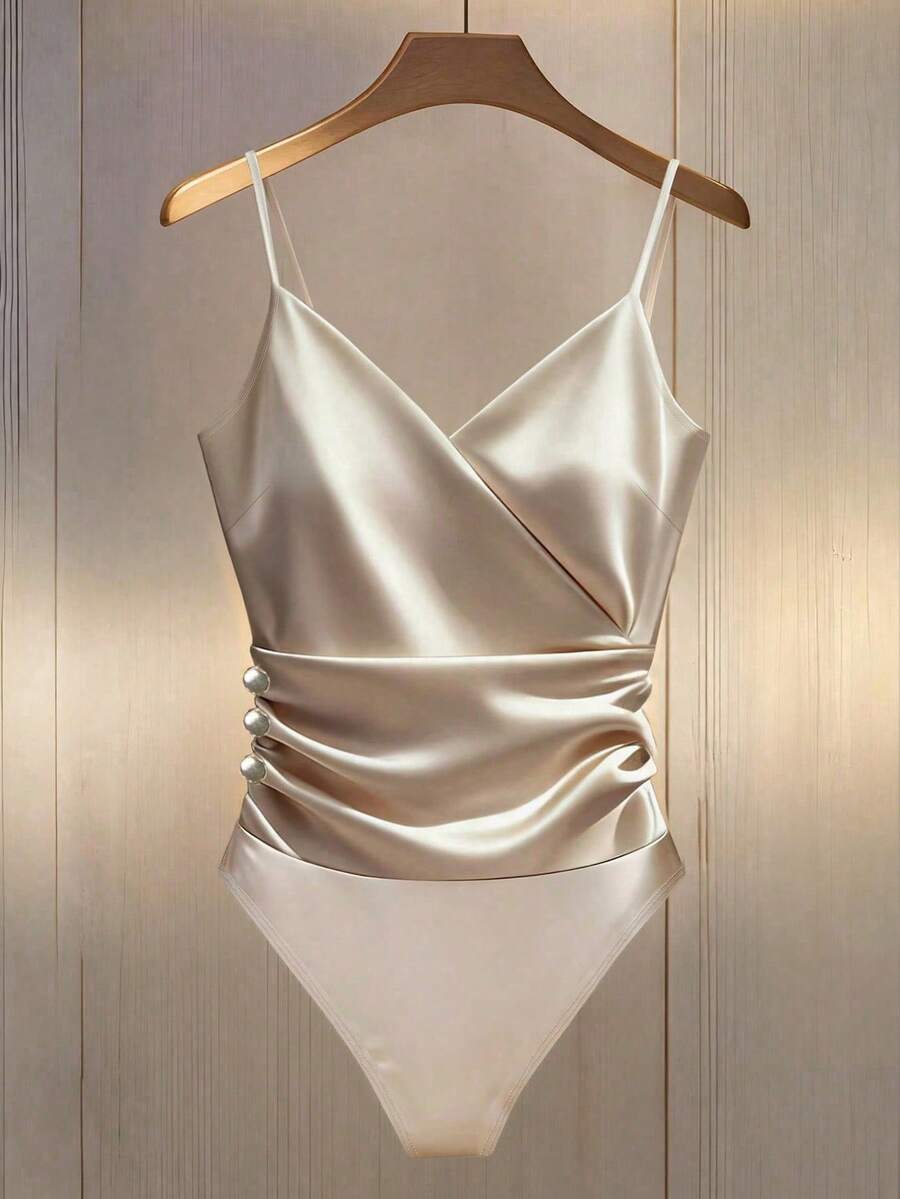 Franclia Fashionable Crossover V-Neck Champagne Gold Bodysuit,Sleeveless Ruffle Trim Button Decor Satin Blouse,Seductive Summer Night Out Metallic Top - Apricot - View 1