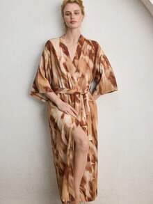 Ocili Comfortable Minimalist Chain Print Cotton Blend Robe With Tie Waist, Women Sleepwear, Chic Autumn - Red - View 5