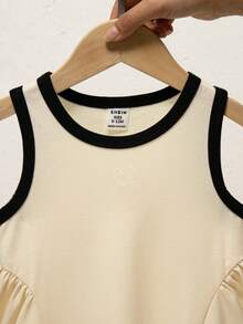 Souflis Souflis Vestido Casual Esportivo de Tricô Branco Creme para Bebê Menina, Emenda Assimétrica em Contraste de Cor, Adequado para Brincadeiras de Verão, Casa, Férias, Doce e Fofo - Damasco - Visão 4
