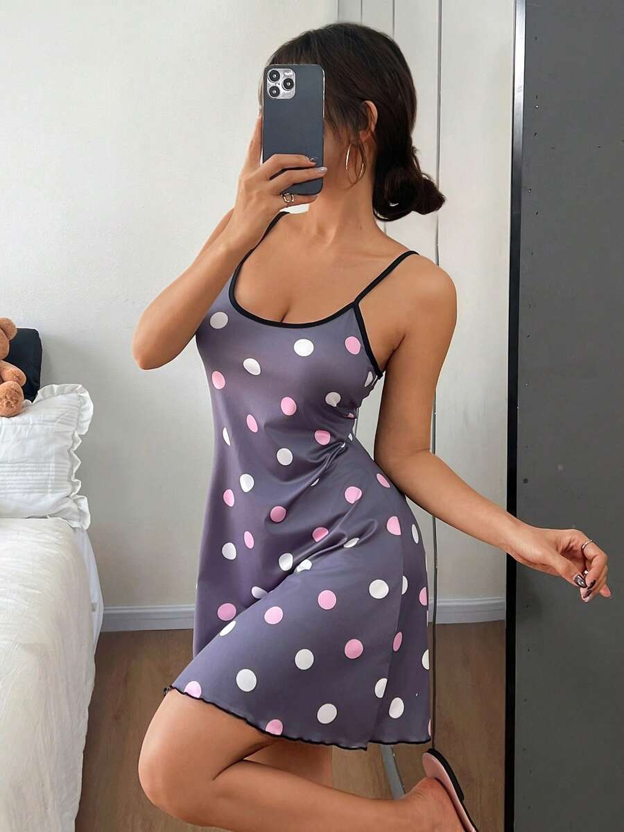 Napfluff Gaun Tidur Camisole Motif Polkadot Merah Muda & Putih - MultiWarna - View 1