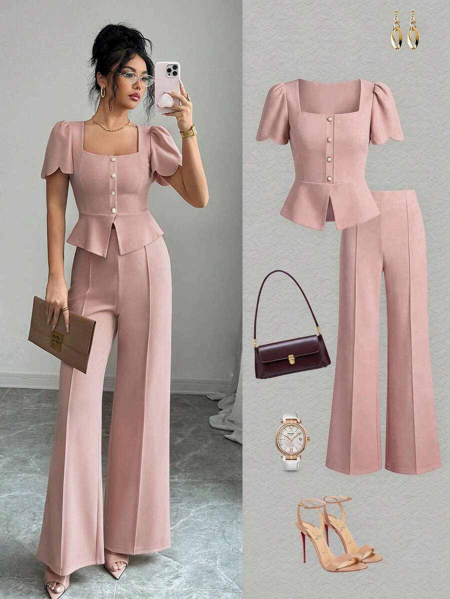 SHEIN Elenzya 女士时尚优雅通勤两件套：方领短袖纽扣不对称下摆套头T恤和高腰弹力腰带宽松直筒裤 - 粉色 - 查看 1