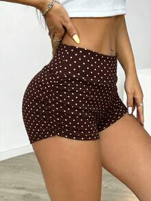 SHEIN EZwear Short de cyclisme plissé à pois marron et blanc pour femmes, convient pour le cyclisme, le yoga, les sports en été. Short à pois rétro, américain décontracté, short de cyclisme, short de sport, avec taille affinante et fessiers rehaussés - Multicolore - Voir 2