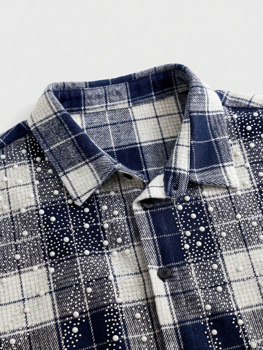 男士夏季休闲格子镶钻衬衫 - 藍色 - 查看 1