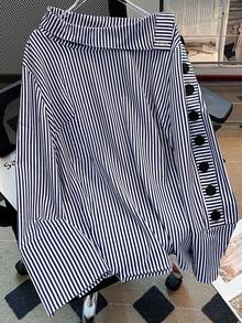 SHEIN Clasi 大码女式立领条纹长袖衬衫，适合通勤和外出穿着 - 藏蓝色 - 查看 1