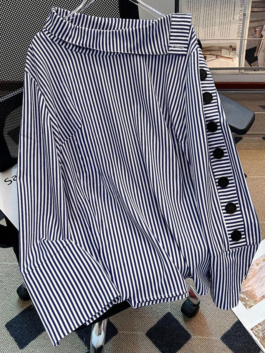 SHEIN Clasi 大码女式立领条纹长袖衬衫，适合通勤和外出穿着 - 藏蓝色 - 查看 1