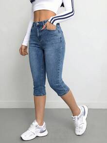 SHEIN Tall Women's High Waist Pocket Skinny Casual Versatile Cropped Jeans - Medium Wash - View 7