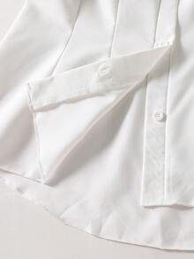 SHEIN Casuvi Kids 条纹前开襟短袖休闲衬衫，灯笼袖，蝴蝶结腰身，A字廓形，适合少女穿着，夏季通勤及度假皆宜。 - 白色 - 查看 6