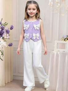 Young Girl' Set, Round Neck Top With Contrast Color Cuffs And Collar, Button Front Closure, Bow Decor, Paired With Straight Leg Casual Pants, Elegant And Fashionable Outfit - Purple - View 12