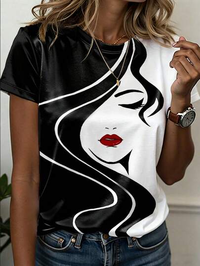 EMERY ROSE Women's Plus Size Patterned Round Neck Short-Sleeve T-Shirt, Female Face Print T-Shirt, Fashion T-Shirt
