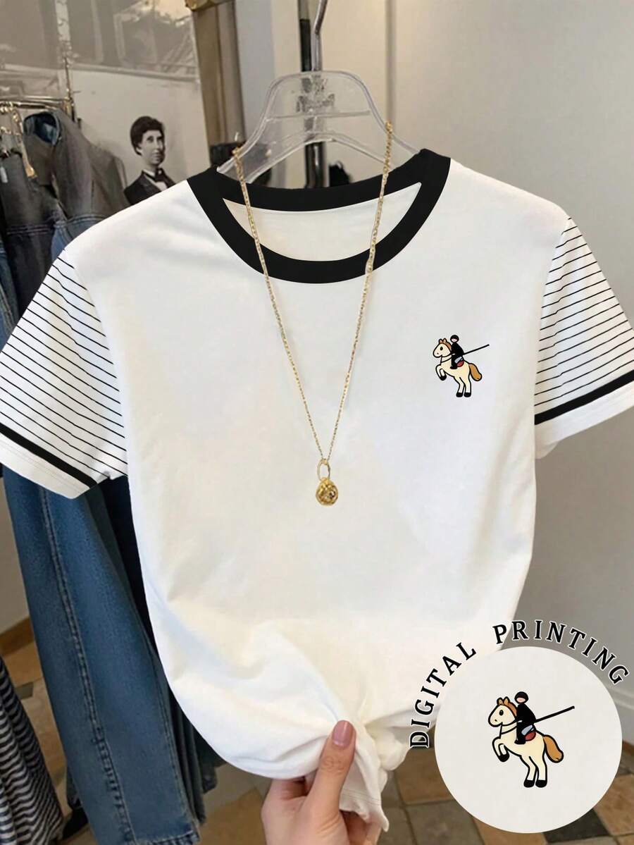 Resyla 女士骑士印花圆领短袖休闲条纹T恤 - 白色 - 查看 1