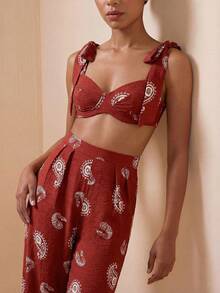 Zivah Vintage Embroidery Look Linen Fabric Tie-Up Bralette Crop Top And Long Pants 2-Piece Set For Women - Brown - View 4