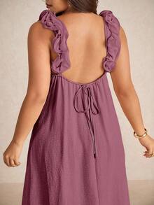 Elaquor 大码休闲碎花蕾丝吊带宽松A字连衣裙 - 酒紅色 - 查看 4