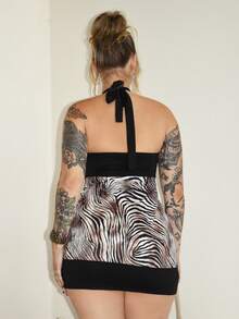 Arliah Women's Halter Neck Ruched Color Block Zebra Print Sexy Dress Party - Black - View 2