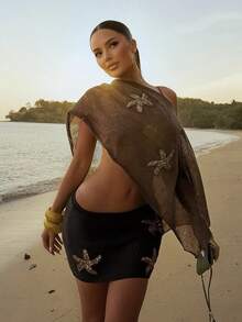 Swim SXY 2026 New Cross-Border Brown Single-Piece Knitted Sea Star Embellished Elegant Vacation Style Women's Swimsuit Skirt/ Starfish Skirt Brown Skirt Cover Up Bikini Cover Ups Skirt Brown Skirt For Beach - Brown - View 7