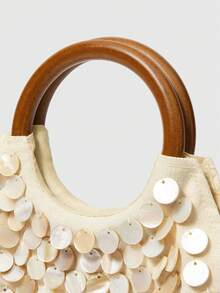 MUSERA Snäckskal Utsmyckad Kanvas Trähandtag Liten Handväska Vår Sommar Strand Bad Festival Semester Söt Dagligen - råvit - Visa 7