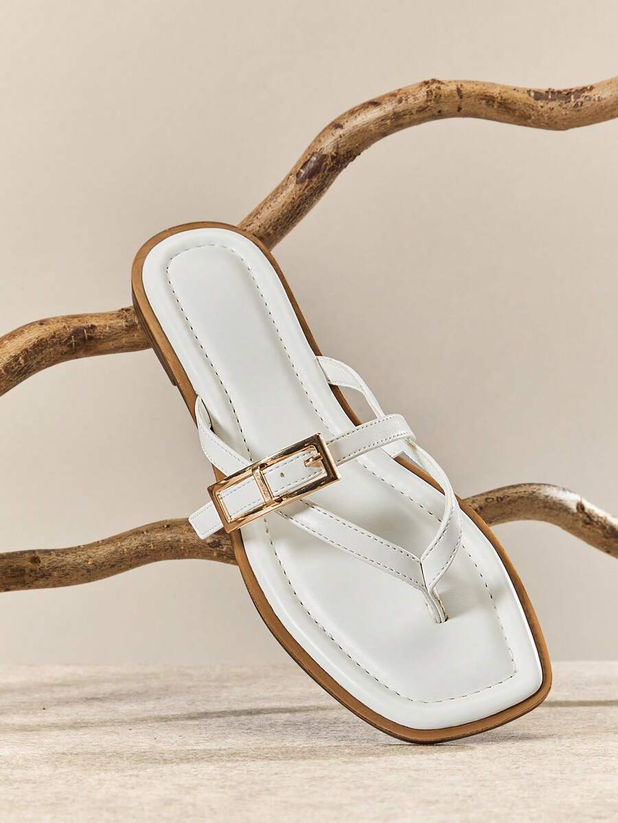 SHUZIA #BeachVacation Women's Square Toe Cushioned Insole Metal Buckle Fine Pu White Thong Slides – Resort Style Summer Sandals - White - View 1