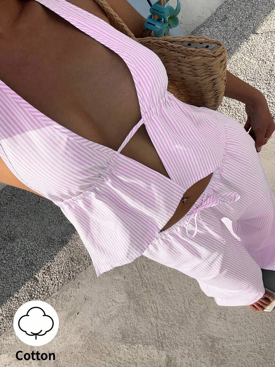 SHEIN Tall 黄色条纹棉质面料深V领露背吊带短款上衣和低腰系带阔腿裤两件套，带口袋，适合高个女性春夏度假海滩休闲简约日常约会百搭套装 - 粉色 - 查看 1