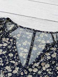 EMERY ROSE 女士圆领V领短袖绿色碎花衬衫，夏季 - 藏蓝色 - 查看 4