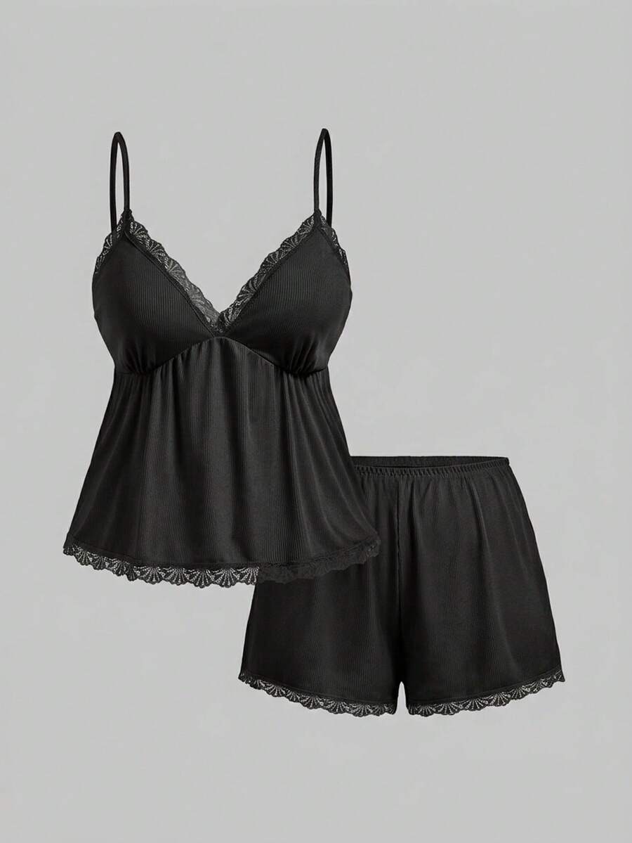 ROMWE Kawaii Plus Size Sweet & Cute Doll Style Ribbed Lace Camisole & Shorts Sleepwear Set - Black - View 1