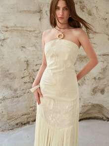 MOTF PREMIUM WOMEN'S LINEN EMBROIDERED FRINGE HEM TUBE DRESS - Apricot - View 5