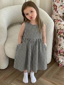 Girls Plaid Sleeveless Crew Neck Sundress, Tween Girl Fall Clothing,Back To School Clothes - Black and White - View 4