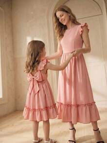 女童（小号）休闲中长连衣裙，后背饰有可爱蝴蝶结。 - 粉色 - 查看 8