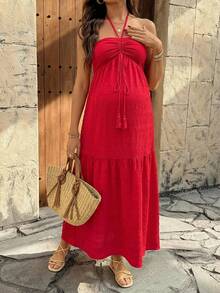 SHEIN Vestido Casual de Maternidade Cor Sólida com Decote Halter e Costas Abertas - Vermelho - Visão 6