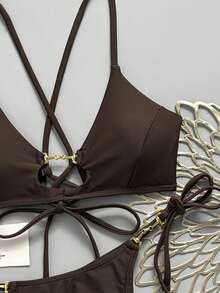 SHEIN Swim Vcay Women's Standard Size Brown & Gold Hollow Design Drawstring Beach Swimsuit Set, Summer - Brown - View 4