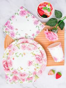 Aquarellrose Einweg-Teller, Servietten und Pappbecher Party-Set, für 24 Gäste. Dieses Einweg-Papperteller Party-Geschirr eignet sich für Geburtstage, Hochzeiten, Themenpartys und Familienpicknicks. - Übersicht 3