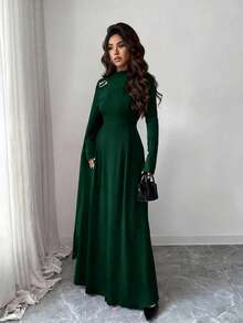 Rafferiza Váy chữ A cổ cao tay dài chất liệu voan chắp vá thanh lịch, đính trâm cài kim loại, thích hợp cho tiệc tốt nghiệp, sự kiện ngày lễ, hẹn hò, đám cưới, mùa thu/đông - màu xanh lá - Xem 4