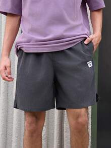 Open Phase 男士字母印花抽绳腰部口袋宽松休闲百慕大短裤，2000 年代风格 - 灰色 - 查看 3