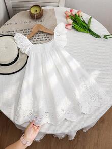 SHEIN Young Girl Woven Solid Color Ruffle Collar Pleated Casual Dress - White - View 4