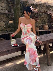 Aloruh Vestido largo de tirantes con pliegues y estampado floral para vacaciones y citas - Multicolor - Ver 9