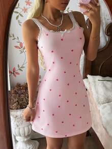 CottageSlumber Pink Women's Nightgown With Heart, Fine Rib Texture, Silk Contrast Lace, Romantic Spaghetti Strap Dress - Pink - View 7