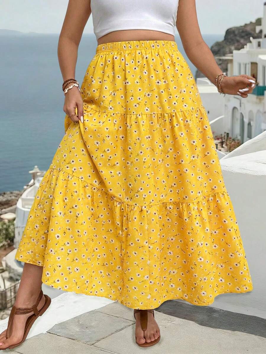 Breezaya Chân váy midi dáng suông họa tiết hoa nhí dành cho nữ cỡ lớn, cạp chun co giãn, kiểu dáng thường ngày. - Nhiều màu - Xem 1