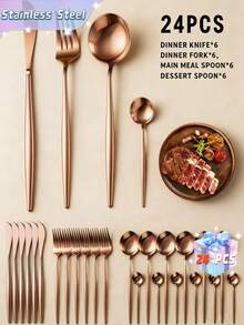 24件套不锈钢酒店西式餐具套装，含刀、叉、勺和茶匙，厨房用品，圣诞礼物 - 玫瑰金 - 查看 1