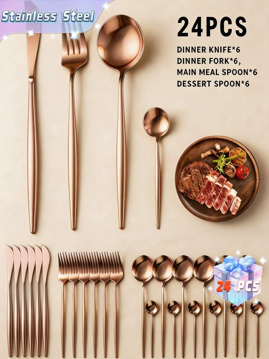 24件套不锈钢酒店西式餐具套装，含刀、叉、勺和茶匙，厨房用品，圣诞礼物 - 玫瑰金 - 查看 1