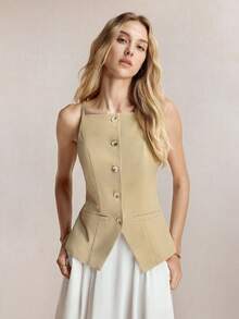 BizChic 春夏新款绿色单肩吊带前扣背心，通勤办公装，社交上衣/工作服，母亲节派对优雅衬衫，婚礼宾客聚会约会奢华晚礼服，毕业典礼乡村音乐会 - 卡其色 - 查看 4